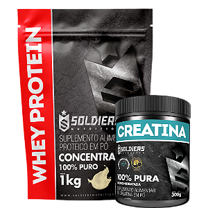 Kit: Whey Protein Concentrado 1Kg + Creatina Monohidratada Pote 300g - 100% Pura Importada - Soldiers Nutrition