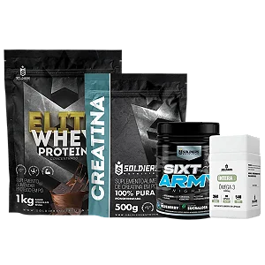Kit: Elite Pro Whey Concentrado 80% 1kg + Creatina 500g + Pré-treino Sixty Army + Ìntera Ômega3