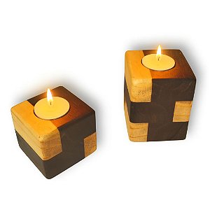 kit Porta vela Rechaud de madeira marchetada - 2 peças