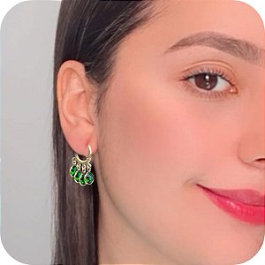 Brinco Argolinha de Click com Pedras Verdes - Banhado a Ouro 18k