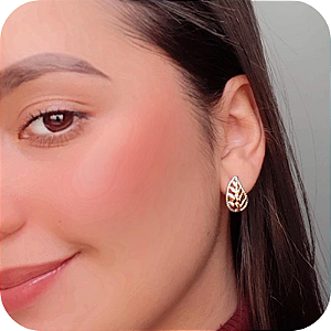 Brinco de Click Folha com Acabamento de Caneta de Ródio Branco - Banhado a Ouro 18k