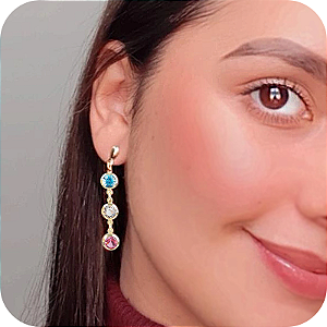 Brinco M com 3 Pedras - Azul, Cristal e Rosa - Banhado a Ouro 18k