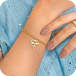 Pulseira Elo Português de Coração Vazado com Espírito Santo - Banhada a Ouro 18k
