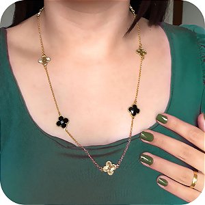 Colar de Trevos Pretos de Zircônia Ônix 55cm - Banhado a Ouro 18k