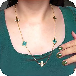 Colar de Trevos Verdes de Pedra Malaquita 55cm - Banhado a Ouro 18k