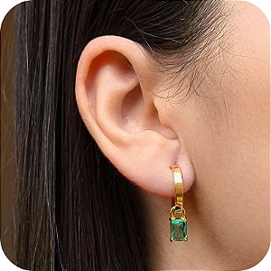 Brinco Argolinha de Click com Pingente de Pedra Turmalina - Banhado a Ouro 18k