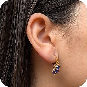 Brinco Argolinha de Click com 3 Pedras Azul Escuro - Banhado a Ouro 18k