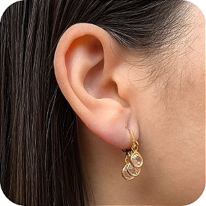 Brinco Argolinha de Click com 3 Pedras Cristais - Banhado a Ouro 18k