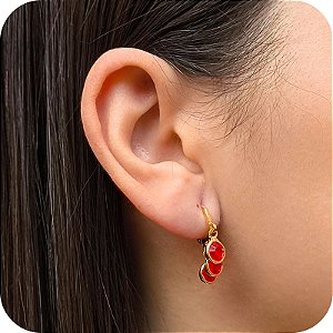 Brinco Argolinha de Click com 3 Pedras Vermelhas - Banhado a Ouro 18k