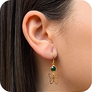 Brinco Argolinha de Click com Pedrinha Verde e Borboleta - Banhado a Ouro 18k