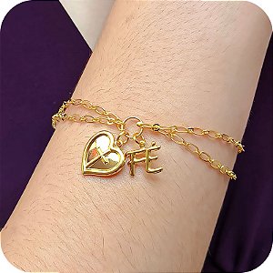 Pulseira Dupla com Pingente de Fé e Coração com Cruz - Banhada a Ouro 18k