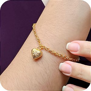 Pulseira Elo Português com Pingente de Coração Lapidado - Banhada a Ouro 18k
