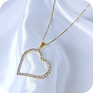 Corrente com Pingente de Coração Vazado com Pedrinhas - Banhado a Ouro 18k