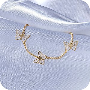 Pulseira com 3 Borboletas Vazadas - Banhada a Ouro 18k