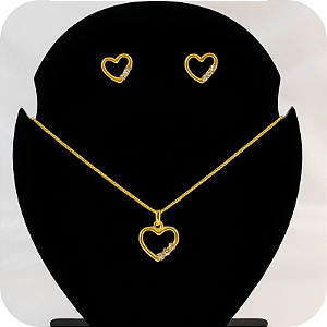 Conjunto colar + Brinco de Coração Três Pedras