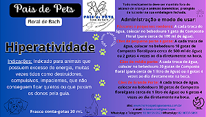 Pais de Pets Floral de Bach Hiperatividade, para animais em excesso de energia e compulsivos. Indicado para Cães, gatos, pássaros e roedores. 30 ml