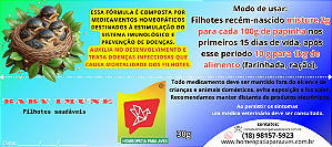 Baby Imune é um medicamento homeopático especialmente formulado para fortalecer o sistema imunológico de filhotes de aves, prevenindo a mortalidade e promovendo o desenvolvimento saudável. 30g