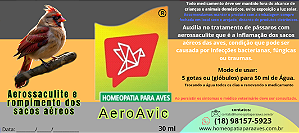 AeroAvic Aerossaculite. homeopático foi especialmente formulado para auxiliar no tratamento da aerossaculite e rompimento dos sacos aéreos em aves. 30ml