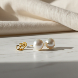 Brinco Ouro 18k Pérola Natural Biwa Botão 8mm