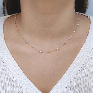 Colar Ouro 18k Pérolas e Bolinhas Espaçadas