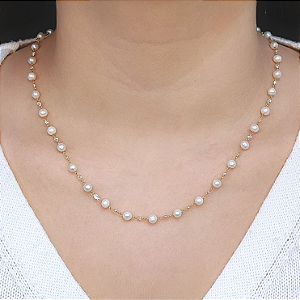 Colar Ouro 18k Pérolas Naturais e Zircônias Juntas