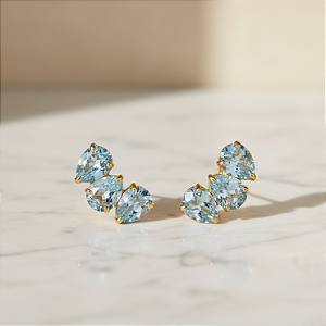 Brinco Ouro 18k Earcuff Trio Gotas Naturais Topázio Sky