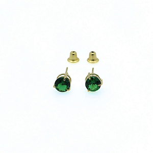 Brinco Ouro 18k Ponto de Luz Redonda 4mm Verde Esmeralda