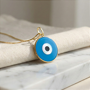 Pingente Olho Grego 15mm Azul Claro Ouro 18k