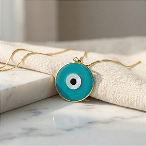 Pingente Olho Grego 15mm Verde Azulado Ouro 18k