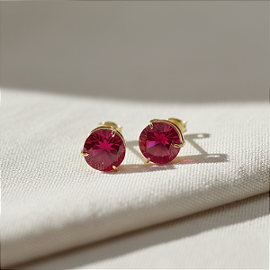 Brinco Ouro 18k Ponto de Luz Redonda 6mm Vermelho