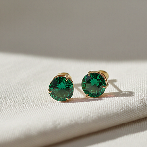 Brinco Ouro 18k Ponto de Luz Redonda 6mm Verde Esmeralda