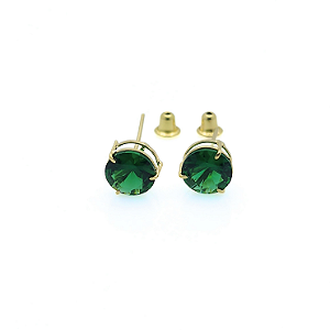 Brinco Ouro 18k Ponto de Luz Redonda 6mm Verde Esmeralda