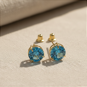 Brinco Ouro 18k Ponto de Luz Redonda 6mm Zircônias Azul
