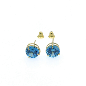 Brinco Ouro 18k Ponto de Luz Redonda 6mm Zircônias Azul