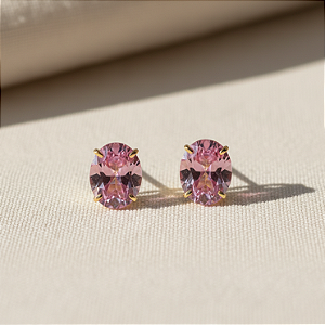 Brinco Ouro 18k Ponto de Luz Oval 6x8mm Rosa
