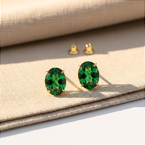 Brinco Ouro 18k Ponto de Luz Oval 6x8mm Verde Esmeralda