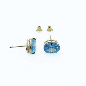 Brinco Ouro 18k Ponto de Luz Oval 6x8mm Zircônia Azul