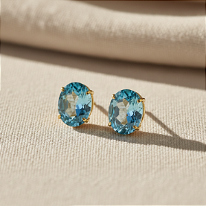 Brinco Ouro 18k Ponto de Luz Oval 6x8mm Zircônia Azul