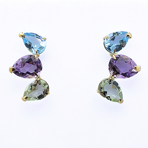 Brinco Ouro 18k Earcuff Trio Gotas Naturais Ametistas e Topázio Sky