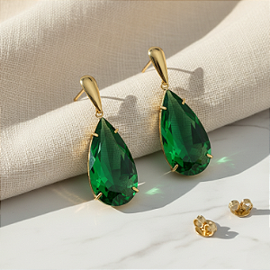 Brinco Ouro 18k Gota Alongada Verde Esmeralda