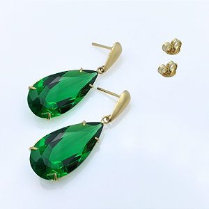 Brinco Ouro 18k Gota Alongada Verde Esmeralda