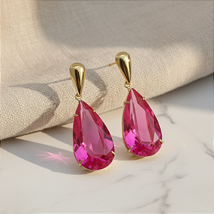 Brinco Ouro 18k Gota Alongada Magenta
