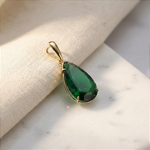 Pingente Ouro 18k Gota Alongada Verde Esmeralda