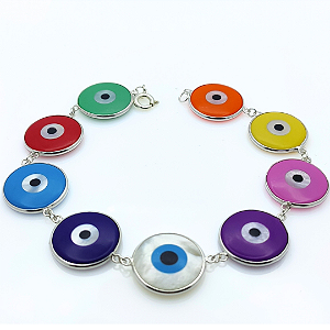 Pulseira Prata Olho Grego Coloridos 15mm Juntos
