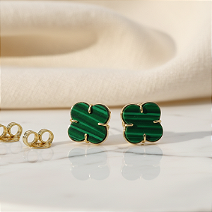 Brinco Ouro 18k Trevo Malaquita