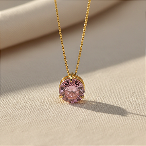 Pingente Ouro 18k Ponto de Luz Redonda 6mm Zircônia Rosa