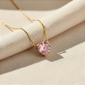 Pingente Ouro 18k Ponto de Luz Coração 6mm Zircônia Rosa