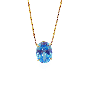 Pingente Ouro 18k Ponto de Luz Oval 6x8mm Zircônia Azul