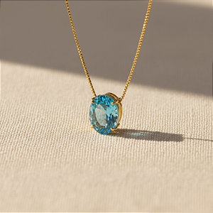 Pingente Ouro 18k Ponto de Luz Oval 6x8mm Zircônia Azul