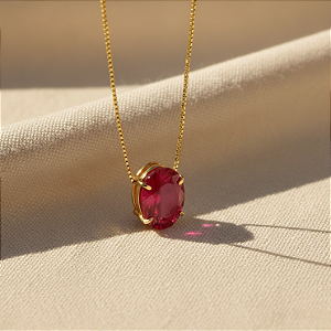 Pingente Ouro 18k Ponto de Luz Oval 6x8mm Vermelho